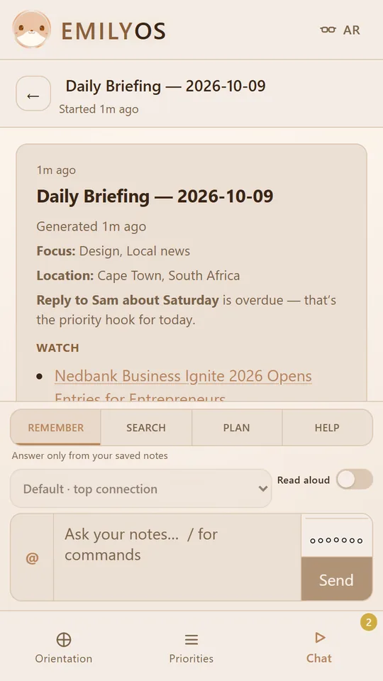 EMILY-OS on a phone, with sample data: a daily briefing that lists focus areas, location and the most overdue task, above a chat box